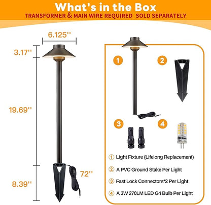 Gardenreet Brass Low Voltage Path Lights, 12V Landscaping Pathway Light IP65 Waterproof, Wired Walkway Lighting Outdoor, LED Bronze for Lawn Backyard with 3W 3000K Soft White G4 Bulb (12 Pack)