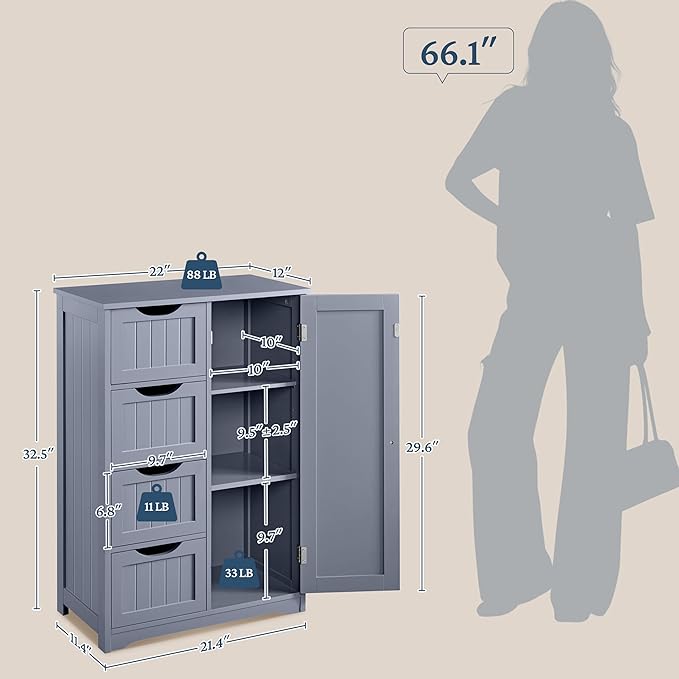 Yaheetech Bathroom Floor Cabinet, Freestanding Storage Organizer Unit Kitchen Cupboard W/ 4 Drawers & Adjustable Shelves, Using for Kitchen/Bathroom, Gray