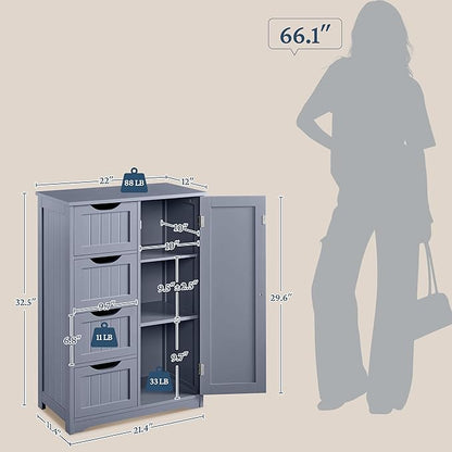 Yaheetech Bathroom Floor Cabinet, Freestanding Storage Organizer Unit Kitchen Cupboard W/ 4 Drawers & Adjustable Shelves, Using for Kitchen/Bathroom, Gray