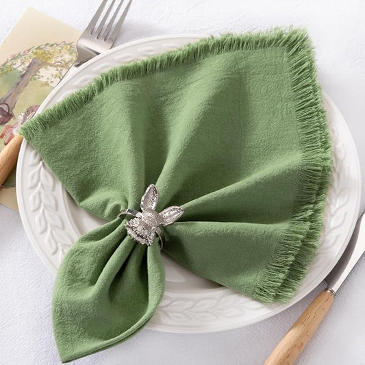 12 Pack Sage Green Cotton Linen Napkins with Fringe Christmas Cloth Napkins Set of 12 Boho Handmade Holiday Napkins Bulk for Wedding Baby Shower Xmas Dinner Table Parties, 17 x 17 Inches