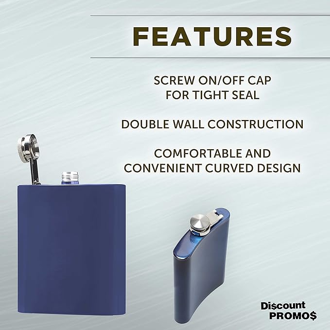 Murano Stainless Steel Hip Flasks 6 oz. Set of 10, Bulk Pack - Screw on Cap, Great for Wedding Party Gifts, Groomsmen Gifts, Outdoor Activities - Blue