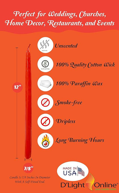 D'light Online Bittersweet Red Orange Elegant 12" Taper Premium Quality Candles, Unscented, Hand-Dipped Tapered Candles, Dripless and Smokeless - Set of 12 Individually Wrapped (12 Inch, Bittersweet)