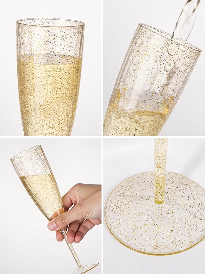WDF 36-Pack Plastic Champagne Flutes - Gold Glitter Champagne Glasses Disposable - Perfect for Thanksgiving, Weddings, Birthday, Bridal Showers