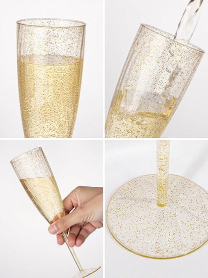 WDF 36-Pack Plastic Champagne Flutes - Gold Glitter Champagne Glasses Disposable - Perfect for Thanksgiving, Weddings, Birthday, Bridal Showers