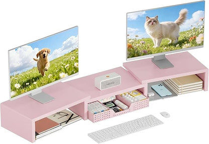 OPNICE Desk Organizers and Accessories, Dual Computer Monitor Stand Riser with Drawer, Office Decor for Women, Office Desk Accessories & Workspace Organizers, Pink