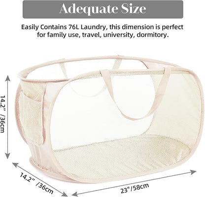 Durable Collapsible Laundry Baskets, Mesh Pop Up Laundry Hamper with Side Pocket, Foldable Clothes Hamper with Reinforced Carry Handles for Laundry, Bathroom, Kids Room, Dorm or Travel 2 Pack Beige