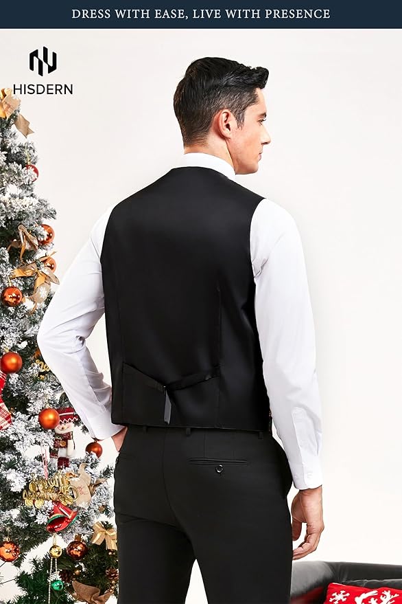 HISDERN Men's Suit Vest Christmas Holiday Season Party Jacquard Waistcoats Necktie Pocket Square Vest Suit Set