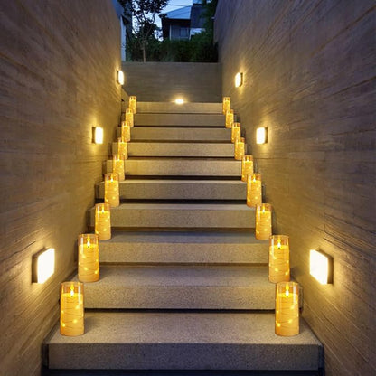 NURADA Flickering Flameless Candles: Built-in Star String Lights Acrylic Battery Operated LED Pillar Candles with Remote and Timer for Romantic Mood Home Decoration - 3 Pack Gold