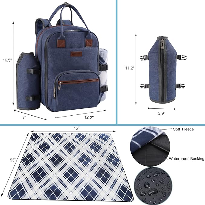 ALLCAMP OUTDOOR GEAR Picnic Backpack for 2 Person Set W/Detachable Bottle/Wine Holder, Fleece Blanket, Plates and Cutlery Set (Blue)