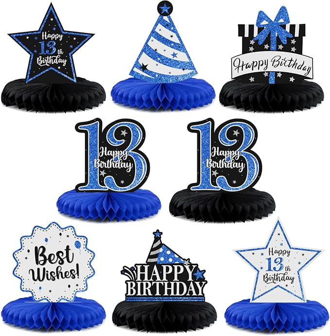 Happy 13th Birthday Decorations,13th Birthday Blue Glitter Shiny Stand Honeycomb Table Centerpieces - Cheers to Thirteen Years Old Birthday Party Photoprop Gift Sign.