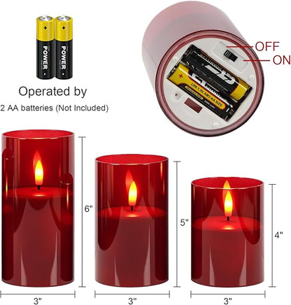 GenSwin Glass Flameless Candles with Remote Battery Operated Flickering LED Pillar Candles Real Wax 3D Wick for Wedding Festival Home Decoration(Red,Pack of 3)