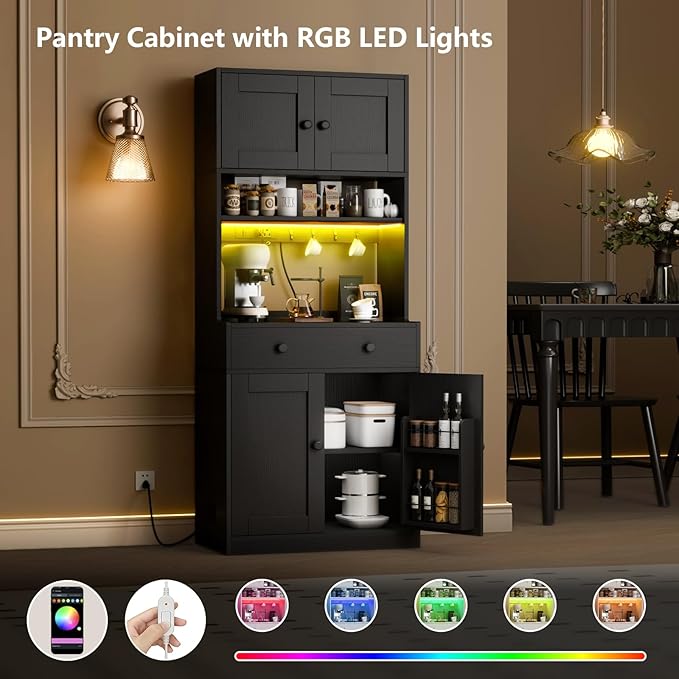 71" Tall Kitchen Pantry Storage Cabinet with Power Outlet & LED Light, Freestanding Food Pantry Cabinet with 4 Doors and Shelves, Cupboard with Drawer, Hutch with Microwave Stand (Black)