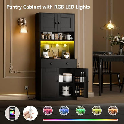 71" Tall Kitchen Pantry Storage Cabinet with Power Outlet & LED Light, Freestanding Food Pantry Cabinet with 4 Doors and Shelves, Cupboard with Drawer, Hutch with Microwave Stand (Black)