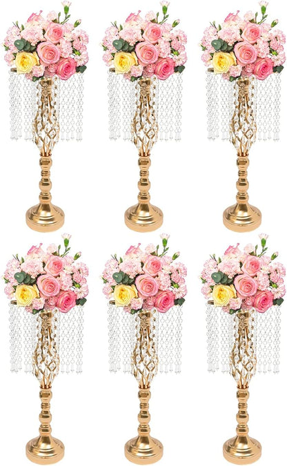 Wedding Centerpieces Gold Vases,6PCS Metal Flower Candle Holder with Sparkling Crystal Beads,Crystal Flower Vase Metal Flowers Stand for Party Tables Decorations (6PCS-Gold)