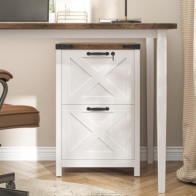 2 Drawer Small File Cabinet with Lock, Farmhouse Vertical Filing Cabinet Fits Letter and A4 Size, Under Desk Wooden File Cabinets for Home Office, Printer Stand, Rustic White