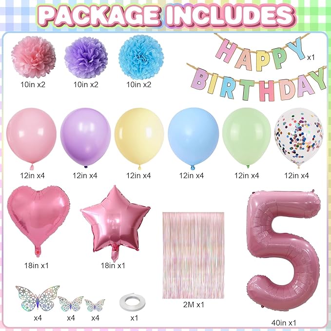 Pastel 5th Birthday Party Decorations for Girls Number 5 Balloon Happy Birthday Banner Butterfly Stickers Fringe Curtain Paper Pom Poms Macaron Pink Star Heart Foil Colorful Balloons 5 Year Old Decor