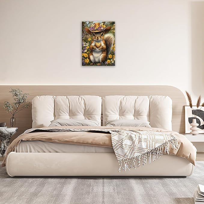 Western Squirrel Wall Art, Squirrel Peanut Pictures Wall Decor, Country Rustic Animal Canvas Prints, Forest Flower Painting, Framed Artwork for Bathroom Living Room Bedroom Dining Room 24"X20"