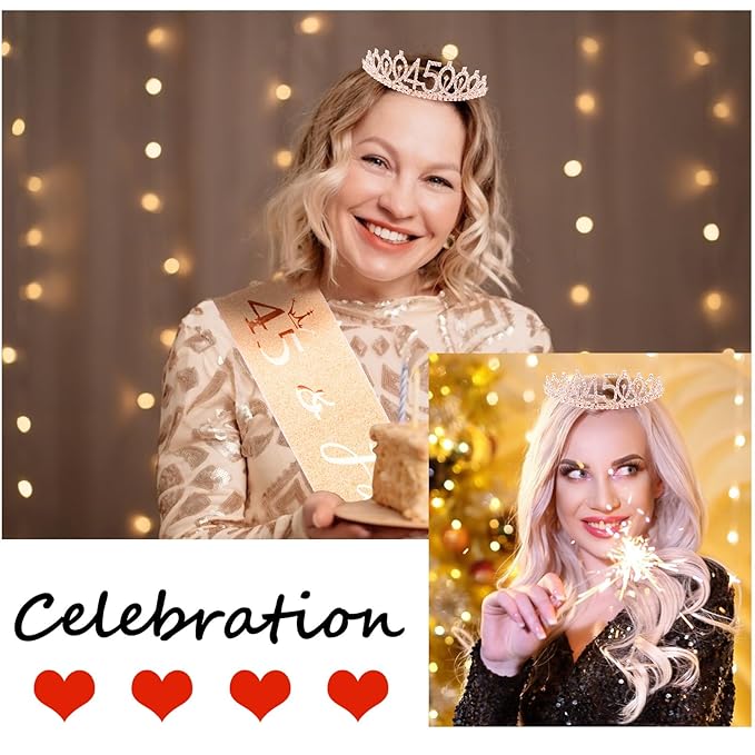 CIEHER 45th Birthday Crown and Sash, 45 & Fabulous Sash, 45th Birthday Decorations for Women - Rose Gold