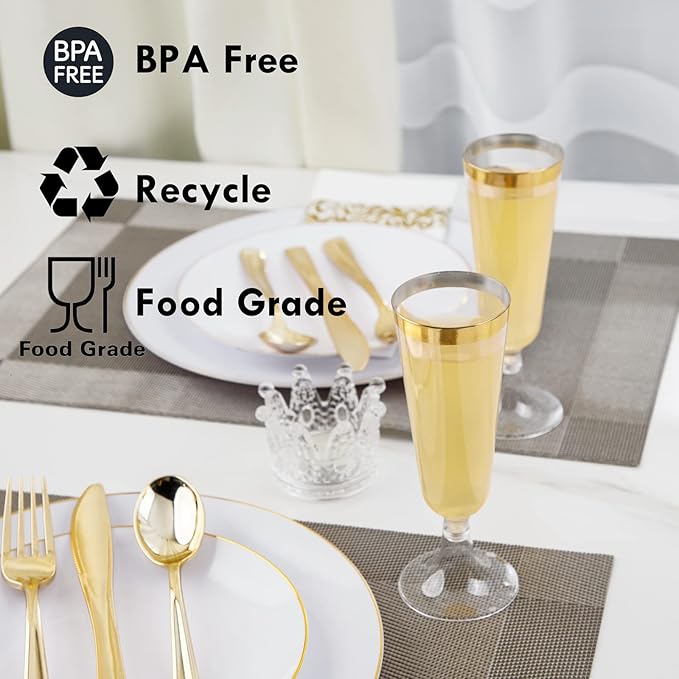 Liacere 175PCS White and Gold Plastic Plates - Gold Plate Include 50Plastic Plates, 25Forks, 25Spoons, 25Knives, 25Napkins, 25Champagne Flutes Plastic for Party & Wedding & Christmas & New Year