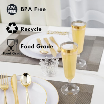 Liacere 175PCS White and Gold Plastic Plates - Gold Plate Include 50Plastic Plates, 25Forks, 25Spoons, 25Knives, 25Napkins, 25Champagne Flutes Plastic for Party & Wedding & Christmas & New Year