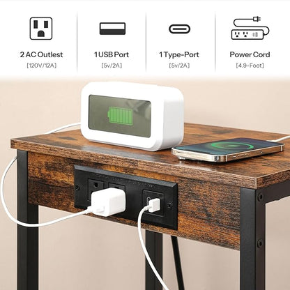 HOOBRO Tall End Table with Charging Station, 30 Inch Slim Tall Nightstand, 3-Tier Narrow Side Table with Adjustable Shelf, for Living Room, Bedroom, Small Space, Hallway, Rustic Brown BF09UDH01G1