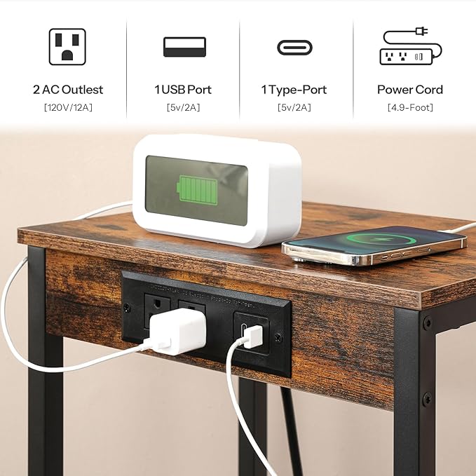HOOBRO Tall End Tables with Charging Station, Set of 2, 30 Inch Tall Nightstands, 3-Tier Side Tables with Adjustable Storage Shelves, for Living Room, Bedroom, Hallway, Rustic Brown BF09UDHP201G1
