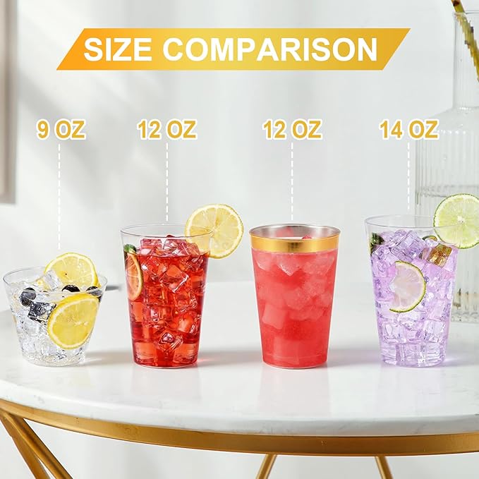 100 Pack 12 oz Gold Plastic Cups, Disposable Clear Plastic Cups for Cocktail Party With Heat Resistance (12oz 100count Gold)