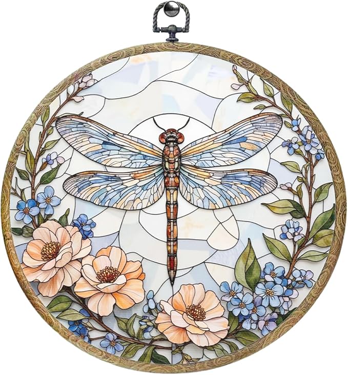 Cute Flower Dragonfly Gifts for Women Men, Garden Dragonfly Decor Framed Round Wall Decor Canvas Wall Art Hanging Prints Artwork for Home Farmhouse Bedroom Bathroom Door Decorations 10.2X10.2 Inch