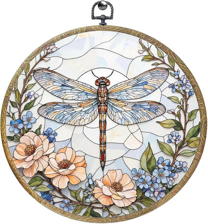Cute Flower Dragonfly Gifts for Women Men, Garden Dragonfly Decor Framed Round Wall Decor Canvas Wall Art Hanging Prints Artwork for Home Farmhouse Bedroom Bathroom Door Decorations 10.2X10.2 Inch