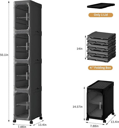 4-Tier Tall Narrow Storage Cabinet with Adjustable Shelves and Movable Wheels, Slim, Bathroom Storage and Organizers for Small Space, Bathroom, Kitchen, Laundry, Black