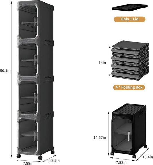 4-Tier Tall Narrow Storage Cabinet with Adjustable Shelves and Movable Wheels, Slim, Bathroom Storage and Organizers for Small Space, Bathroom, Kitchen, Laundry, Black