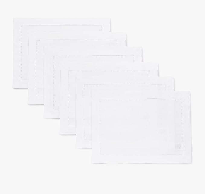 Solino Home Linen Cloth Placemats Set of 6-100% Pure Linen Hemstitch White Placemats 14 x 19 Inch - Classic Hemstitch Table Place Mats for Fall, Autumn, Winter, Christmas, Holiday, New Year