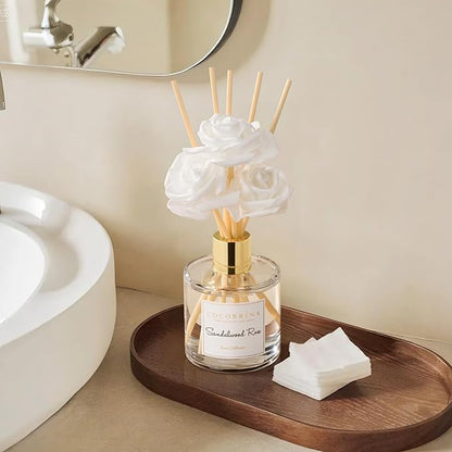 Cocorrína Reed Diffuser Set,6.7oz (200ml) Sandalwood Rose Scented Diffuser with 3 White Rose Foam Flowers & Cotton Sticks, Home Fragrance Reed Diffuser for Bathroom Shelf Decor