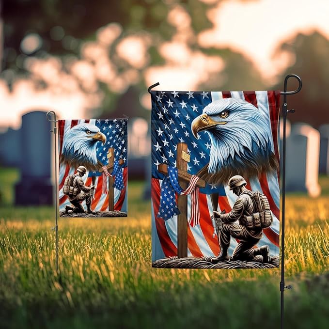 FLAGWIX American Flag-Patriotic Eagle Veteran Kneeling Soldier Christ Cross Memorial Day American Flag MLN2793F, House Flag (29.5" x 39.5")-USA Flags Premium Polyester-Decorative Indoor Outdoor Flag