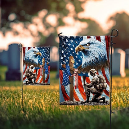 American Flag-Patriotic Eagle Veteran Kneeling Soldier Christ Cross Memorial Day American Flag MLN2793F, 3x5 ft. Flag-USA Flags Premium Polyester-Decorative Indoor Outdoor Flag