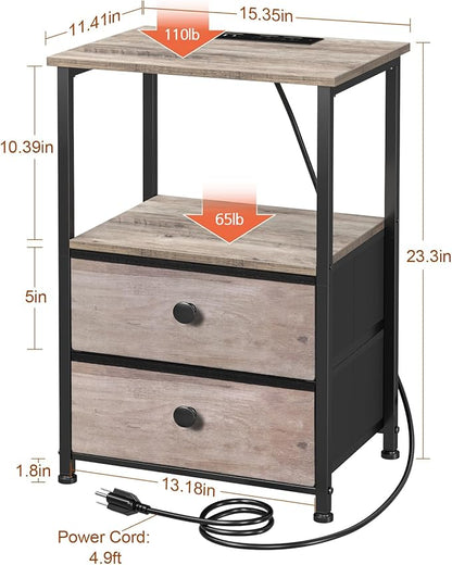 Night Stand Set 2, LED Nightstand with Charging Station, End Tables with Storage Shelf, Bedside Table with 2 Fabric Drawers for Bedroom, Small Spaces, Grey HETS02PGY