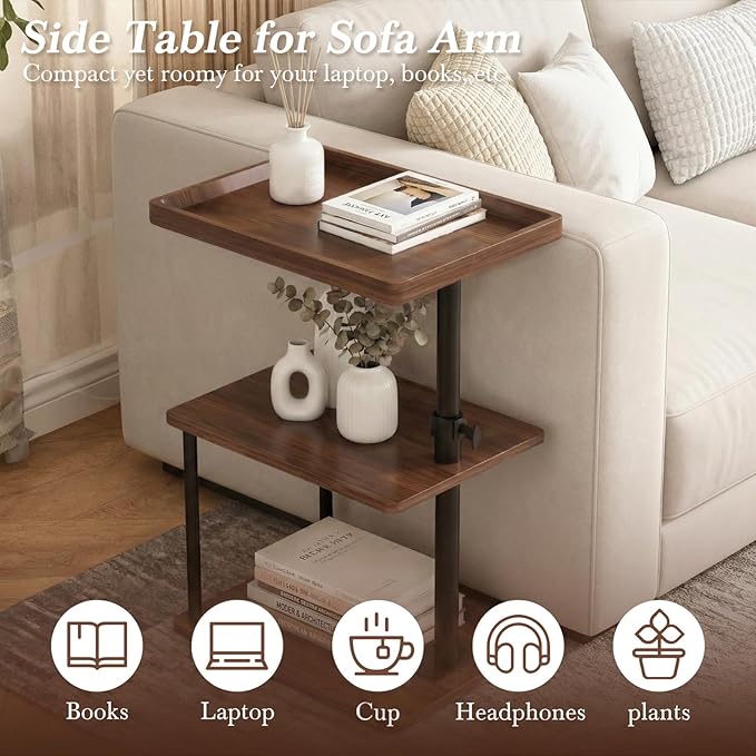 C Table End Table Adjustable Height, 360°Swivel TV Tray Table for Small Spaces, Small Nightstand for Living Room, Bedroom, Walunt