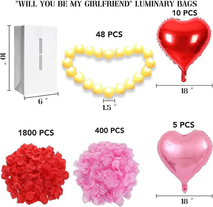 Will You Be My Girlfriend Lighted Letters Sign 21pcs Luminary Paper Bags 2200pcs Red Pink Artificial Rose Petals 48pcs Flameless LED Candle Tealight 10pcs Heart Balloons Romantic Night Valentine's Day