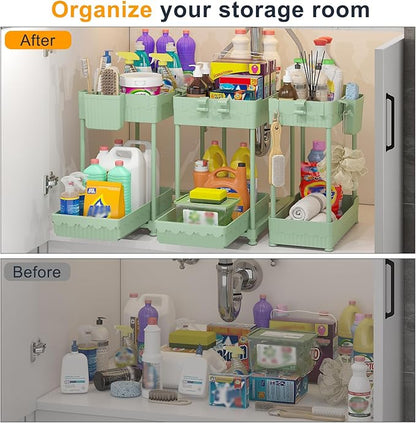 3 Pack Under Sink Organizers, 2-Tier Multi-Use Kitchen and Bathroom Organizers and Storage with Sliding Drawers, Bathroom Cabinet Organizer (Green, 14.8 Inch)