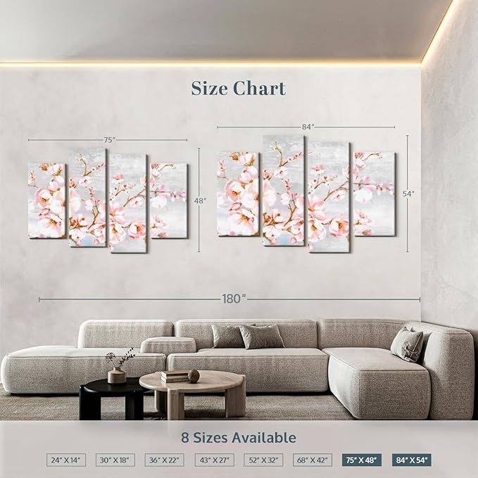 Elephant Stock Spring Cherry Blossoms Wall Art - Horizontal Canvas - 4-Piece Living Room Wall Decor - Painting Floral and Botanical Canvas Print - Pink and Brown Decor for Wall by Eva Watts - 84" X 54"