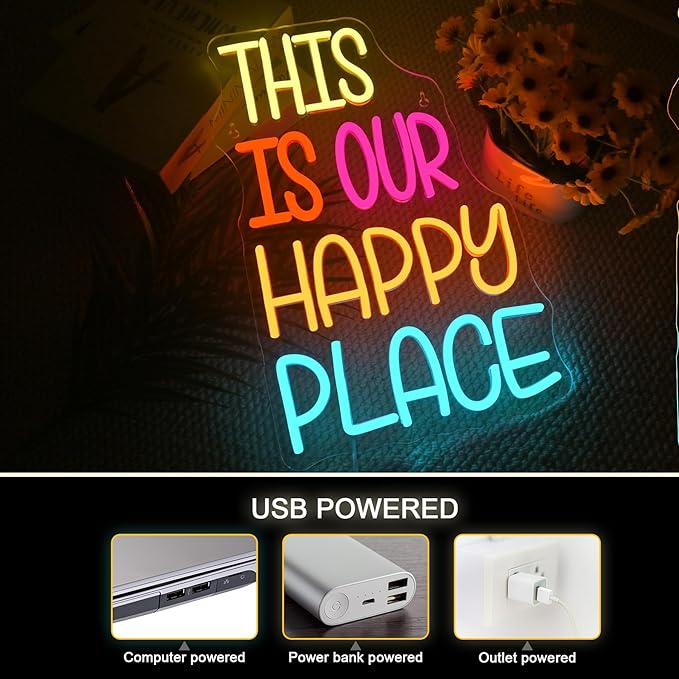 NOSUN This is Our Happy Place Neon Sign for Wall Decor Colorful Letter Neon Light Cheerful LED Neon Signs with USB for Gym Classroom Bedroom Children's Playground Bar