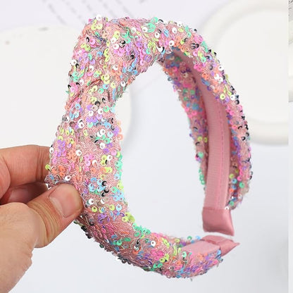 Totelux Sequins Headband Rainbow Knotted Hair Band Iridescent Glitter Hair Accessories for Women Girls Birthday Party Supplies
