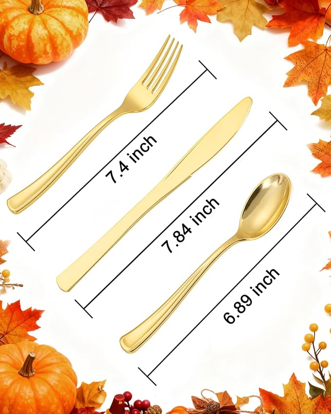 bUCLA 600 Pieces Gold Plastic Silverware - Disposable Gold Utensils - Heavyweight Plastic Cutlery set- 200 Forks, 200 Spoons, 200 Knives for Party & Thanksgiving