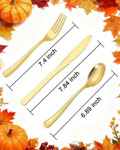 bUCLA 600 Pieces Gold Plastic Silverware - Disposable Gold Utensils - Heavyweight Plastic Cutlery set- 200 Forks, 200 Spoons, 200 Knives for Party & Thanksgiving