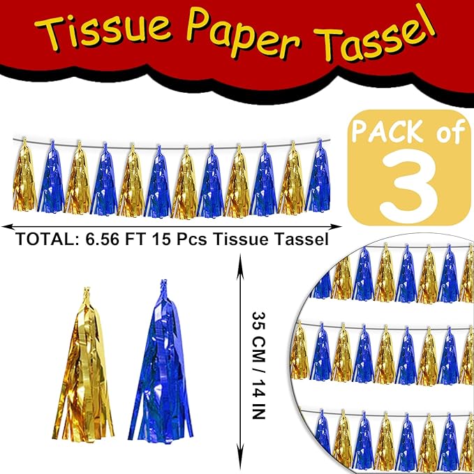 3PNavy-Blue Gold Tassel Banner Garland Metallic Foil Fringe Banner Tinsel Tassels Streamer Banner Backdrop for Parade Floats Birthday Graduation Christmas Bridal/Baby Shower Party Decorations