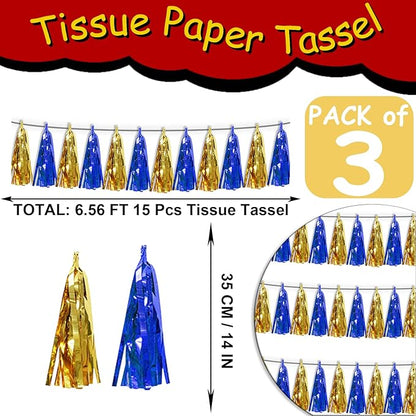 3PNavy-Blue Gold Tassel Banner Garland Metallic Foil Fringe Banner Tinsel Tassels Streamer Banner Backdrop for Parade Floats Birthday Graduation Christmas Bridal/Baby Shower Party Decorations