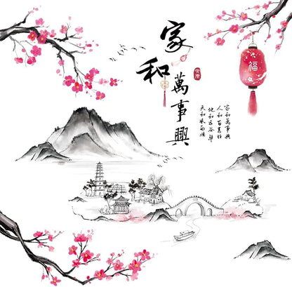 Removable 3D Chinese Style Landscape Mountain Water Wall Decals Chinese Characters Family and Peace with Plum Flower Tree Branches Wall Sticker Murals for Bedroom Sofa Background Decor