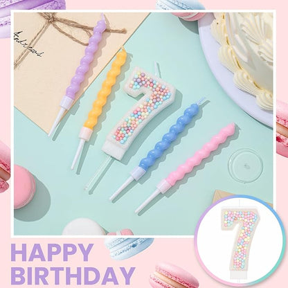 MTLEE Number 7 Birthday Candle with 12 Pcs Spiral Candles for Girls Macaron Pastel Rainbow Unicorn Pink Cake Topper for Sweet Theme Party Decoration