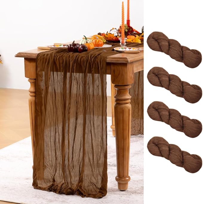 Brown Cheesecloth Table Runner Tan 4 Pack Christmas Table Runners Boho Gauze 120 Inches Marron Cheese Cloth Table Decor for Xmas Holiday Season Parties Wedding Bridal Baby Shower Tea Party