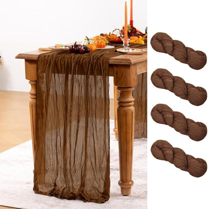 Brown Cheesecloth Table Runner Tan 4 Pack Christmas Table Runners Boho Gauze 120 Inches Marron Cheese Cloth Table Decor for Xmas Holiday Season Parties Wedding Bridal Baby Shower Tea Party